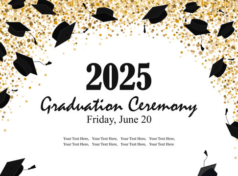 Graduation ceremony banner with graduate caps and gold confetti. Invitation card for grads party or other graduation celebration design. Vector illustration.