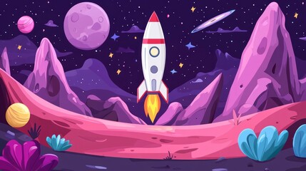 Rocket launching from alien planet, starry night, cosmic background, space exploration illustration
