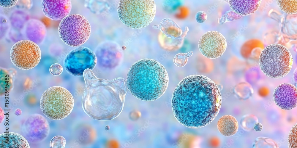 Poster a dynamic microscopic view of colorful bacteria and viruses against a soft blurred background