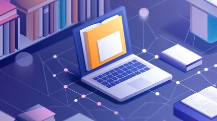 Laptop displaying digital books near library shelves; online education concept
