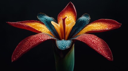 Dew-kissed exotic flower, dark background, studio shot, botanical print