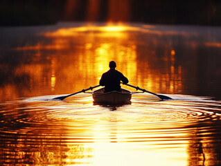 Sunset rowing on a peaceful lake creates a serene reflection of warm golden hues