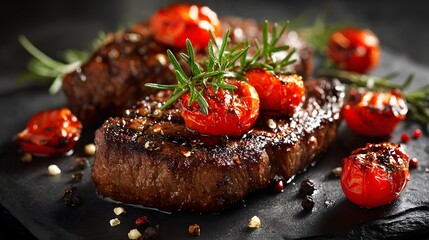 Juicy grilled beef steak with roasted tomatoes, a rustic feast of rich flavors