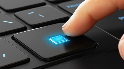 Finger pressing glowing blue button on dark keyboard
