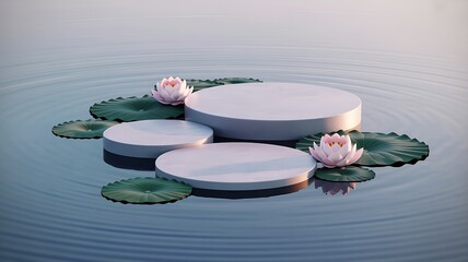 set of round podium on water surface with ripples and lotus flowers