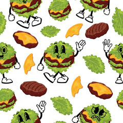 seamless pattern of burger characters with fried patties, cheese and lettuce instead of a bun with various funny faces, Kawaii-style anthropomorphic food