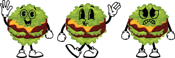 set of burger characters with fried patties, cheese and lettuce instead of a bun with various funny faces, Kawaii-style anthropomorphic food