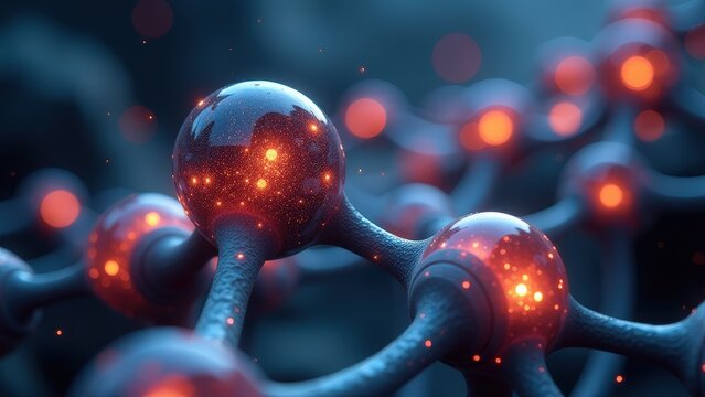 The image is a close up of a cluster of glowing spheres, with some of them appearing to be glowing r