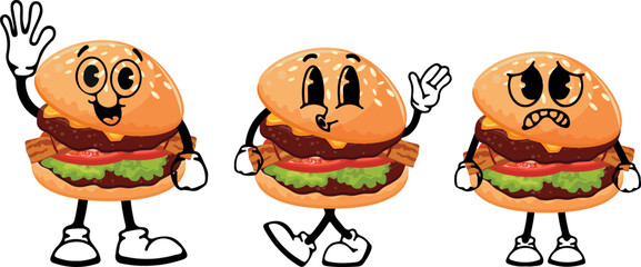 set of burger characters with vegetables, bacon and meat with various funny faces, Kawaii-style anthropomorphic food