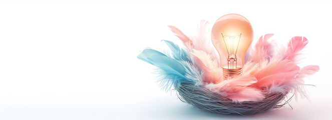 Obraz premium Light bulb surrounded by vibrant colorful feathers on white background