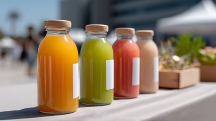 Assorted colorful juice bottles on a table in a sunny outdoor setting.