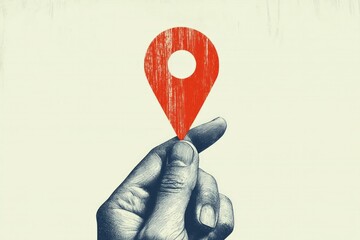 Black and white hand holds a red location pin. Destination sign in an arm in a modern collage style. Vector illustration