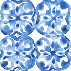 Hand painted watercolor blue faience moroccan azulejo tile allover seamless pattern 