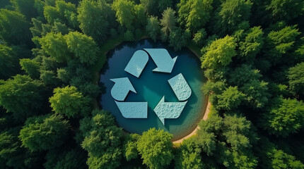 Aerial view of a dense green forest surrounding a perfectly still lake, with a large three-arrow recycling symbol made of lush green foliage floating at the center.