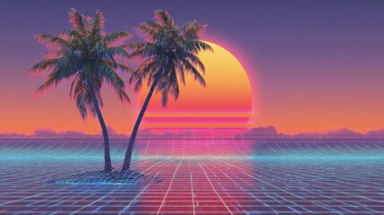 Vaporwave retro sunset background with neon grid and palm tree silhouettes, 80s aesthetic