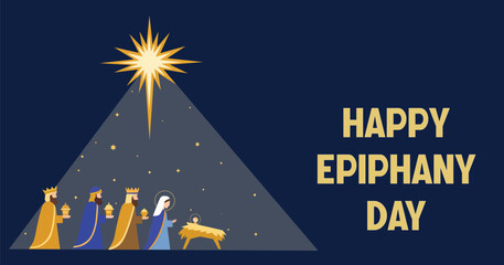 Happy Epiphany Day Vector Illustration with Three Wise Men and Nativity Scene