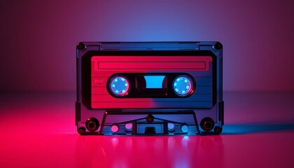 Obraz premium Vintage 80s audio cassette glows under vibrant neon red and blue lighting, evoking retro nostalgia. Cassette’s iconic form, perfect for synthwave, music, and pop culture themes.