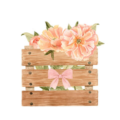 Wooden crate filled with blooming peonies, soft pink ribbon bow, a floral composition, perfect as a watercolor seamstress pattern for packaging, labels, cards, branding, and farm market decor. Coral