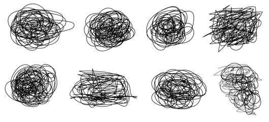 Hand drawn manga comic style frustrated scribbles set isolated on transparent background, worried, crumpled, round and round, upset, doodles