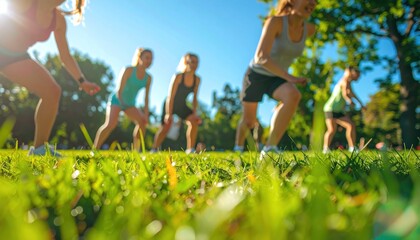 Group exercise in a park, bright daylight, women doing squats on green grass