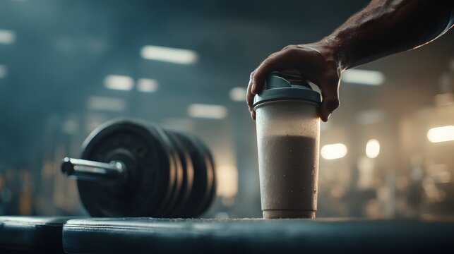 Muscle-focused workout scene with a protein shake and weights.