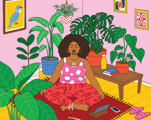 A Maori woman meditating peacefully in a living room filled with indoor plants.