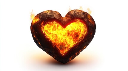 Fiery stone heart burning brightly against white