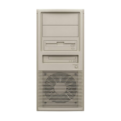 Beige vintage computer tower with floppy drive