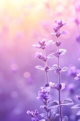 Obraz premium Soft Focus Lavender Flowers, Pastel Purple and Gold Watercolor Background, Herbs, Whimsical Leaves