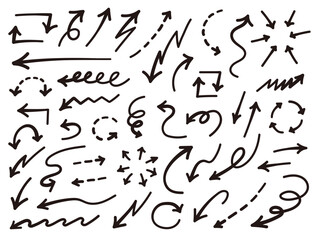 手描きの矢印のセット。シンプルな線の矢印マーク。ベクターアイコン。色んな種類のカーソル。