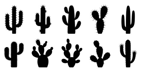 Collection of various black cactus silhouettes on a white background for design projects © Pixel Stock