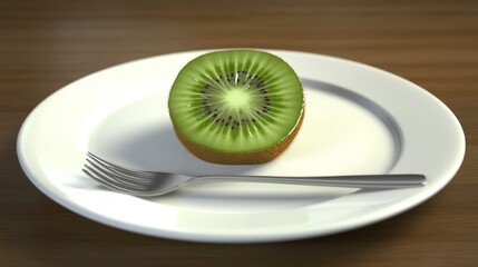Halved kiwi on plate, fork beside, wood background, healthy food image