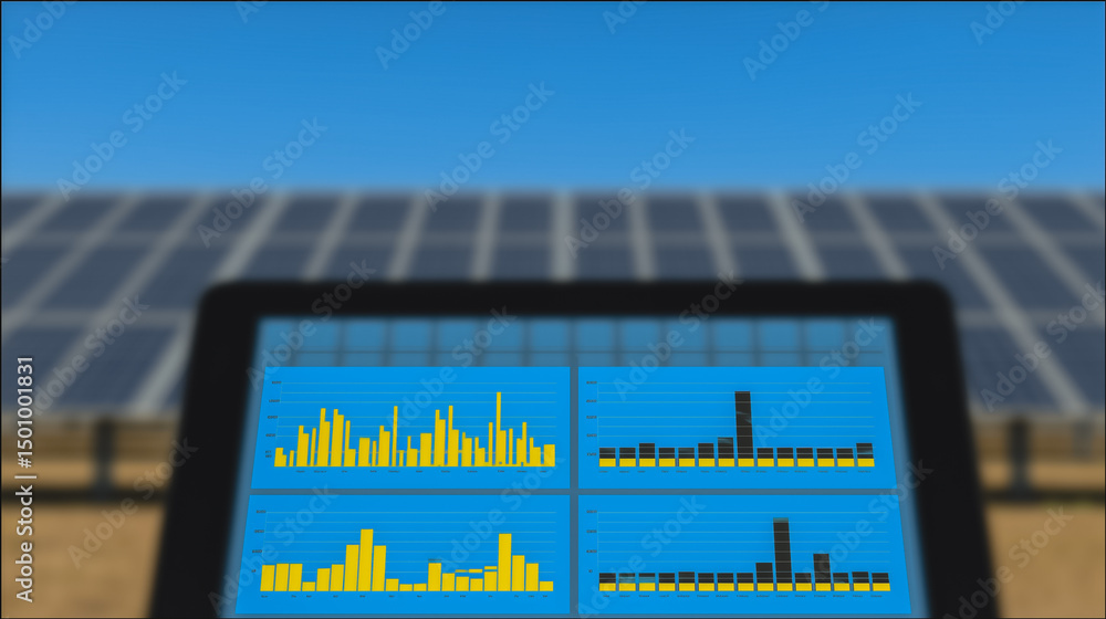 Poster solar energy monitoring: a tablet displaying real-time performance data in front of a solar panel ar