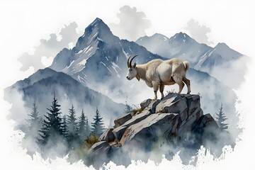Naklejka premium Mountain goat with misty mountains in the background in watercolor style