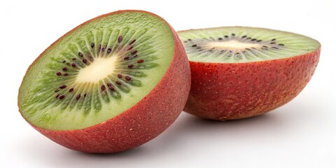 Red Kiwi Fruit Halves, vibrant green center, juicy texture, healthy snack. , Kiwi, Fruit