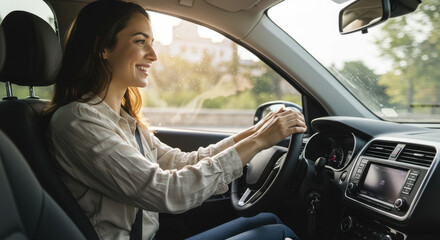 Naklejka premium Smiling Woman Driving Car During Daytime on Sunny Road Trip