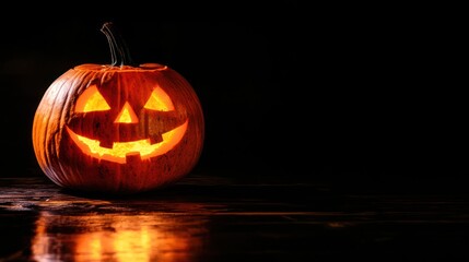 Lit Jack-o'-lantern on dark wood, Halloween night, copy space