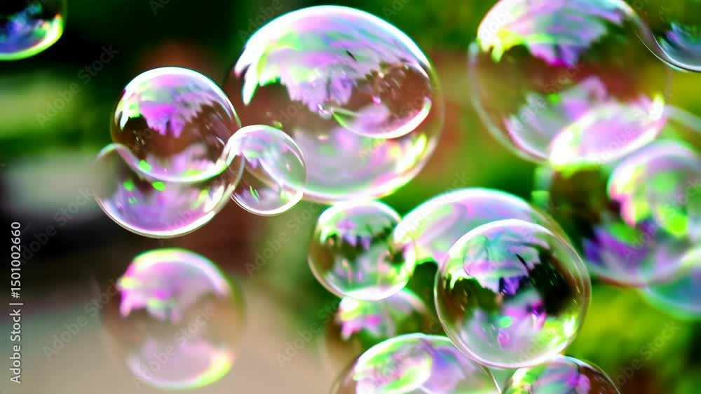 Aufkleber floating iridescent soap bubbles create abstract rainbow patterns with colorful reflections outdoors