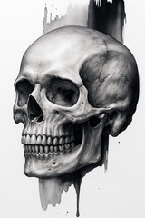 Highly detailed black and white skull illustration in ink style, featuring realistic shading, cracked bone textures, and expressive paint splashes on white background, ideal for dark art themes