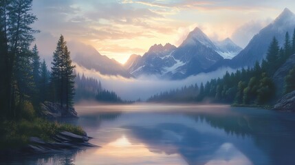 Serene Sunrise Mountain Lake Landscape Peaceful Nature Scene Tranquil Dawn Majestic Peaks Reflection Water Calm Beautiful Scenery 
