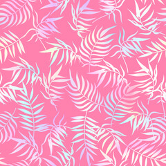 Abstract tropical palm leaf seamless pattern. Trendy summer holographic texture, neon gradient palm leaves print on pink background. Vector jungle pattern for wrapping, decor, wallpapers, cover.