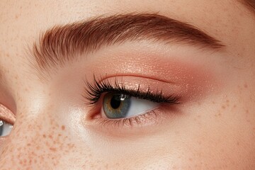 Fototapeta premium Close up of a beautiful woman eye with eye makeup eyelashes and freckles on a smooth skin
