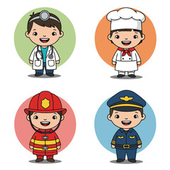 This illustration depicts four different characters in various professions, including a doctor, a chef, a firefighter, and a pilot, each set against a distinct colored background.