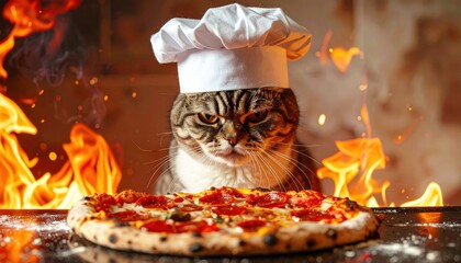 Frowning cat in chef's hat eyeing a pizza amid fiery background
