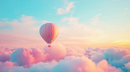 Naklejka premium Hot air balloon floating over clouds at colorful sunset sky