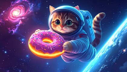 Astronaut cat floating in space holds a donut