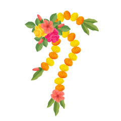 Traditional Indian floral garland with marigold flowers, roses, mango leaves. Decoration for Indian hindu holidays or wedding ceremony. Isolated on white. Vector illustration.