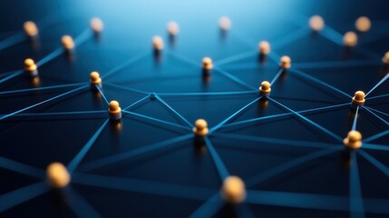 Abstract network of golden nodes and blue lines illustrating connectivity data communication and technological interconnectedness