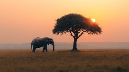 Lonely elephant in African savannah at sunset with acacia tree shadow, warm dusk tones, shallow depth of field, serene wildlife scene
