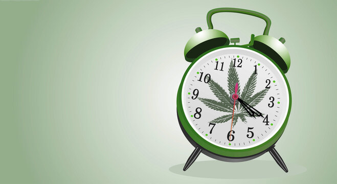 Marijuana leaf, medical cannabis on a classic alarm clock dial with hands showing the time of 4 hours 20 minutes. Cannabis online. Classic background. Copy space